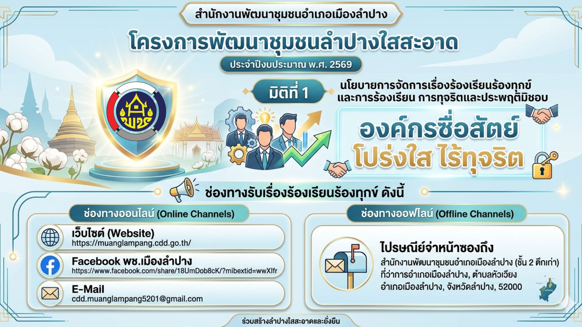 พช. เมืองลำปาง : ประชาสัมพันธ์โครงการพัฒนาชุมชนลำปางใสสะอาด ประจำปีงบประมาณ พ.ศ.2569 มิติที่ 1 บทบาทผู้บริหารและความพยายามริเริ่มของหน่วยงานในการสร้างความโปร่งใส 