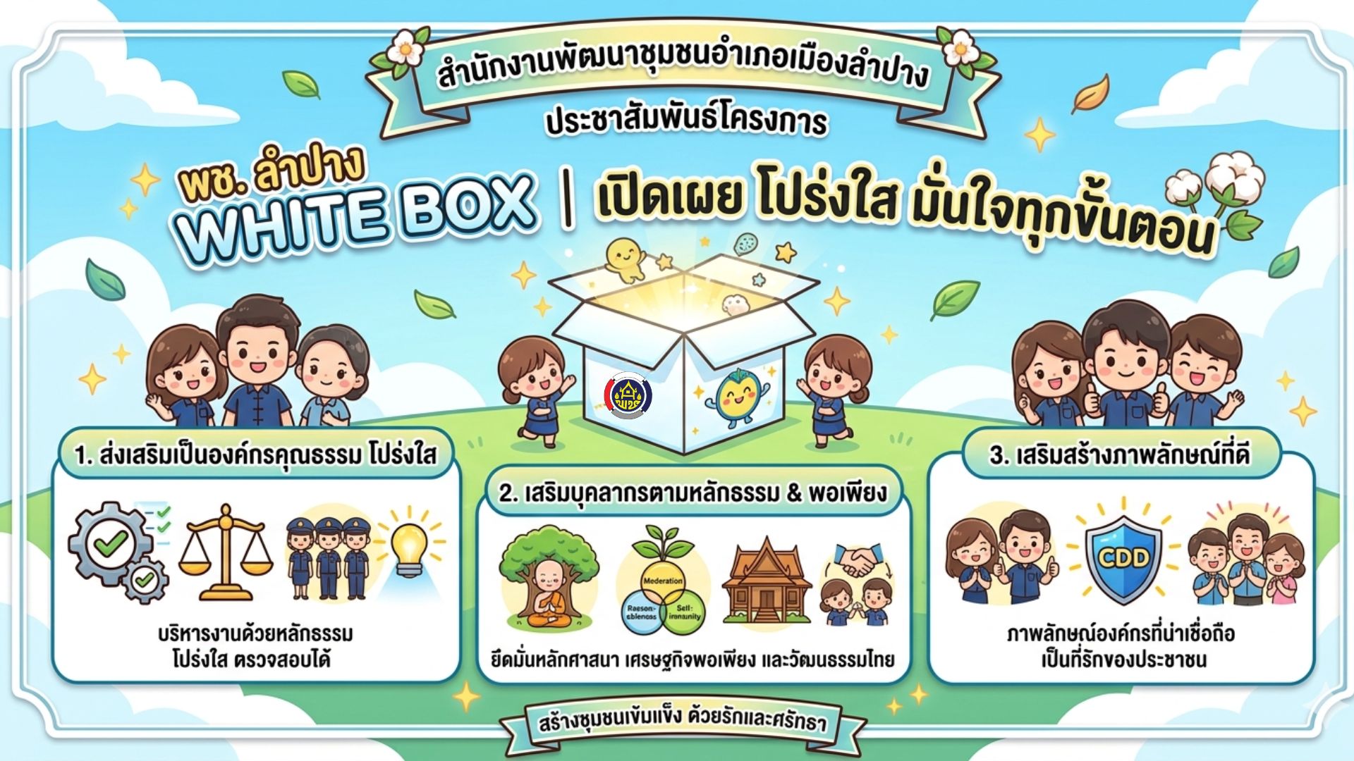 พช. เมืองลำปาง : ประชาสัมพันธ์โครงการ พช. ลำปาง White Box : เปิดเผย โปร่งใส มั่นใจทุกขั้นตอน
